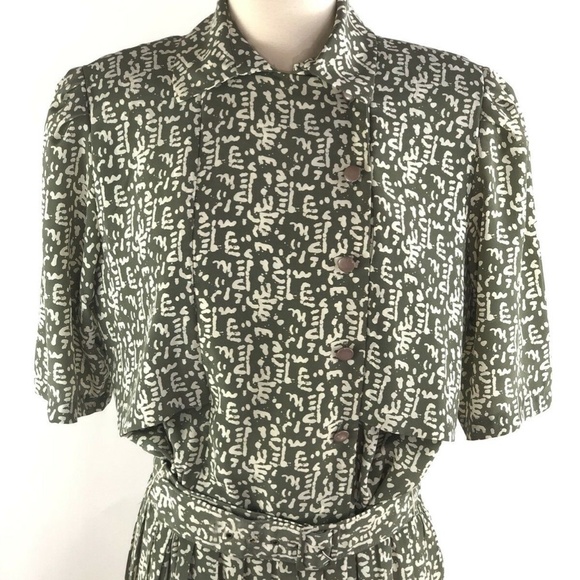 VINTAGE Liz Roberts Green Printed Belted Dress 10 - Picture 2 of 8